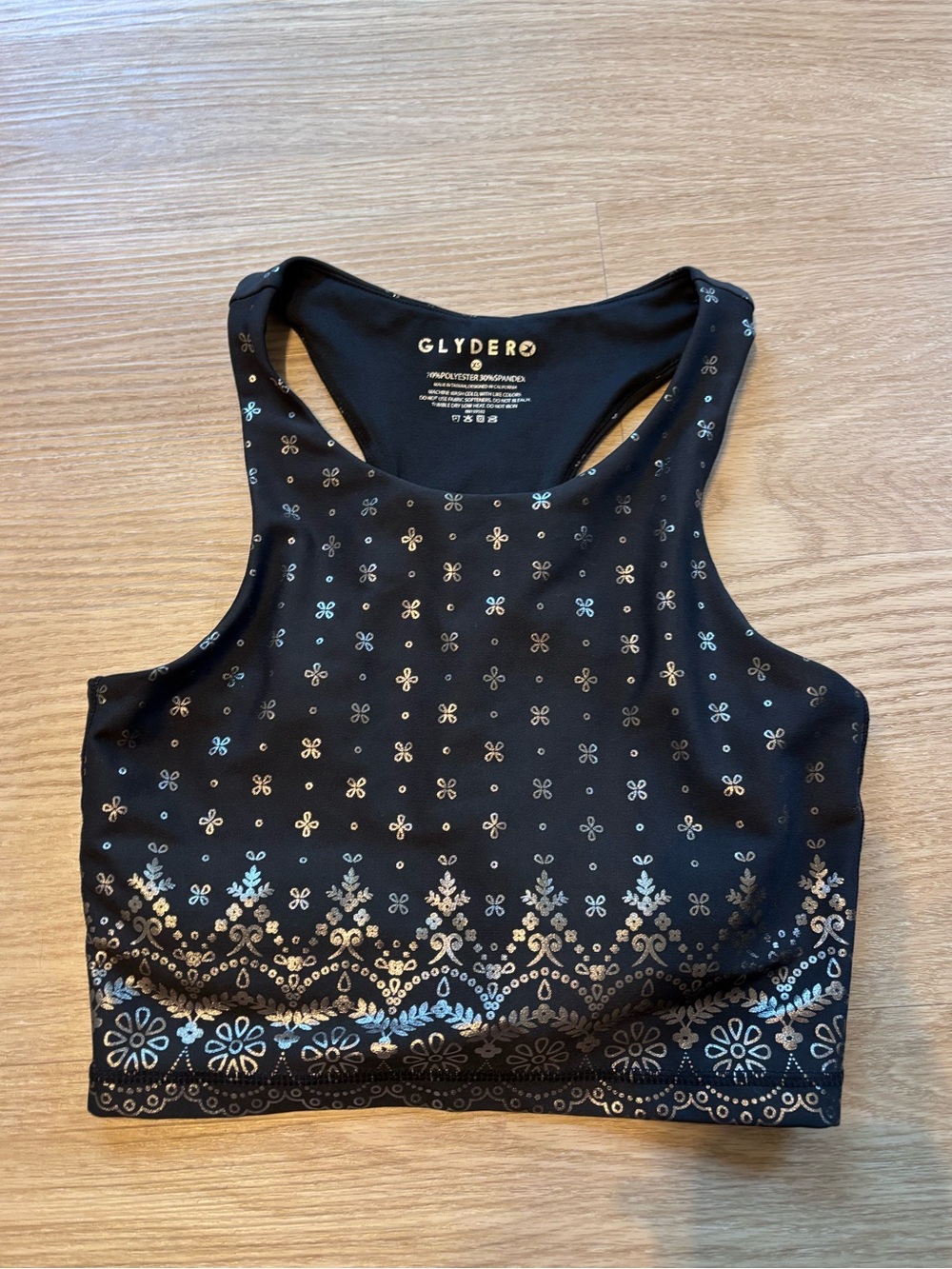 GLYDER Women’s XS Racerback Cropped Tank Wildflower Lace Black Gold Foil Yoga